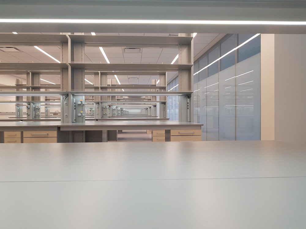 Open research laboratory with epoxy benches and glass partitions