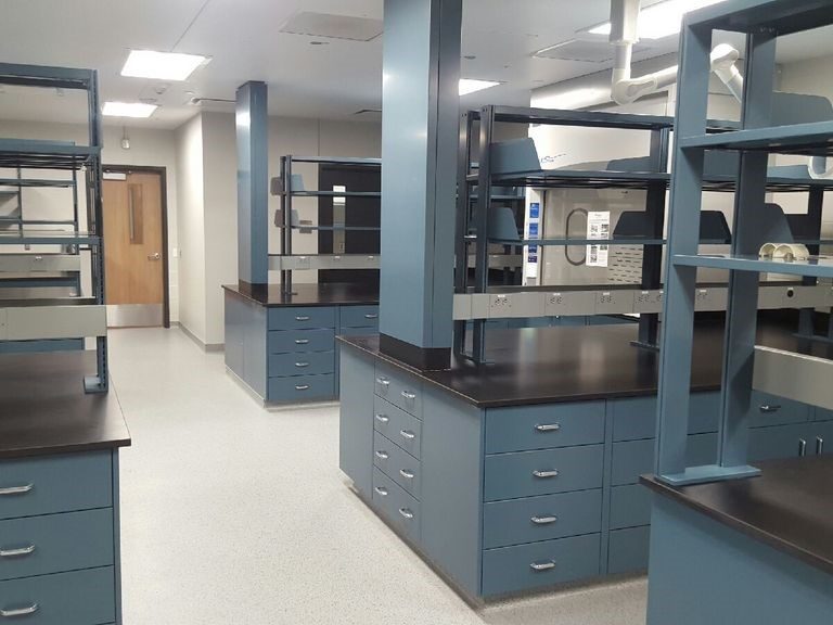 Science teaching laboratory with dark epoxy benchtops